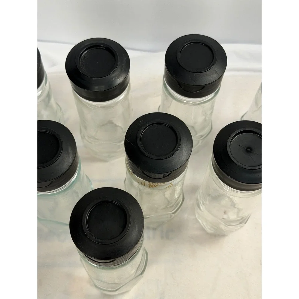 Set of 8 Glass Spice Jars with Black Flip Top Shaker Lids Hexagon Base 4oz
